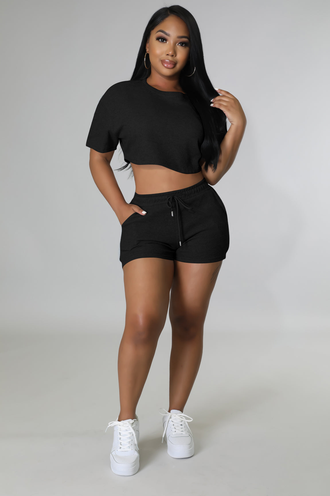 Women sports Casual Solid Crop Top and Shorts two-piece set 7
