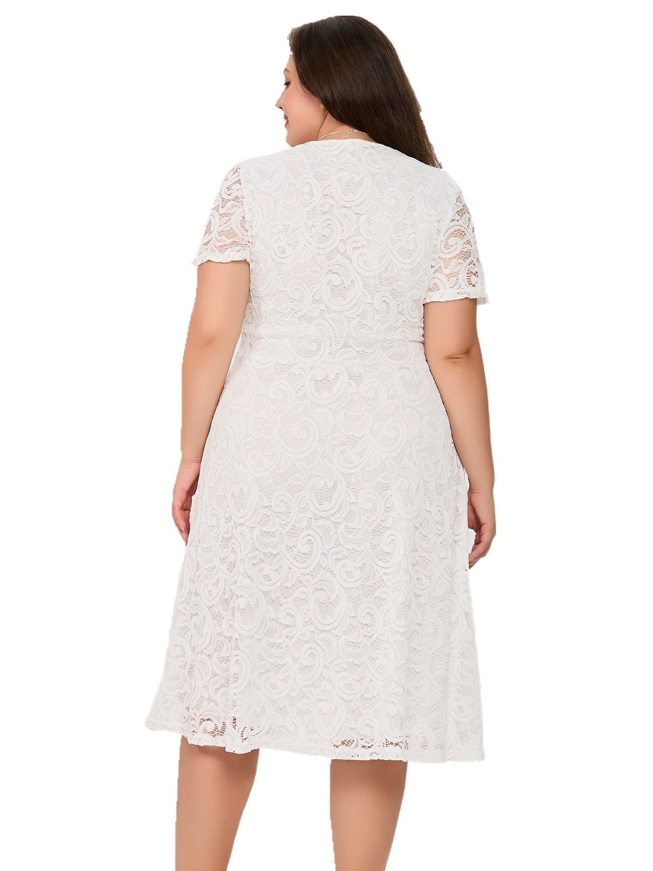 Plus Size Women short-sleeved v-neck lace pocket dress 5