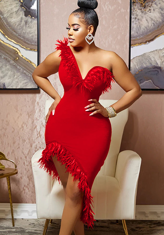 Solid color V-neck sleeveless feather irregular skirt dress