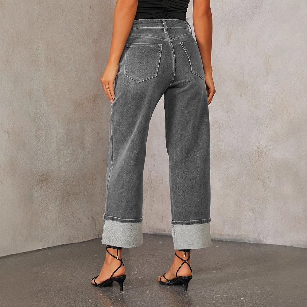 Spring High Waist  Elastic Straight Denim Pants For Women