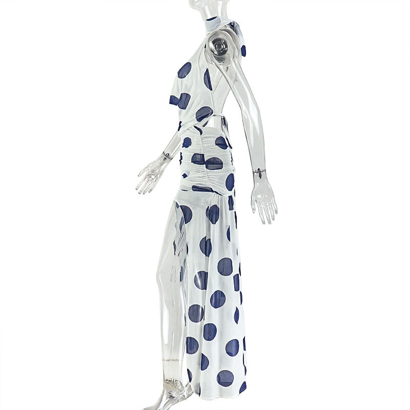 Black White Polka Dot Women's Slit Print Irregular High Neck Tie Low Back Dress 6