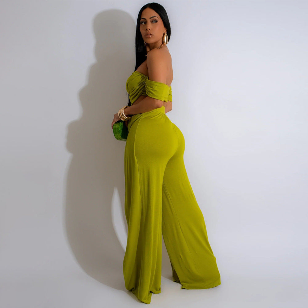 Women Strapless Top and Slit Wide Leg Pants Two-Piece Set 6