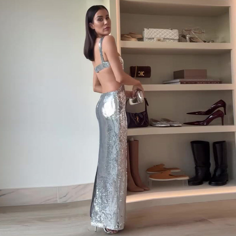 Summer Fashion Metallic Luxury Sexy Backless Slim Women Evening Dress 3