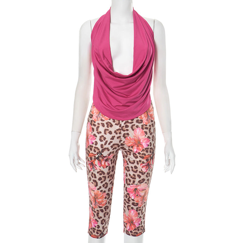 Women Solid Halter Neck Backless Top and Leopard Print Shorts Two-piece Set 9