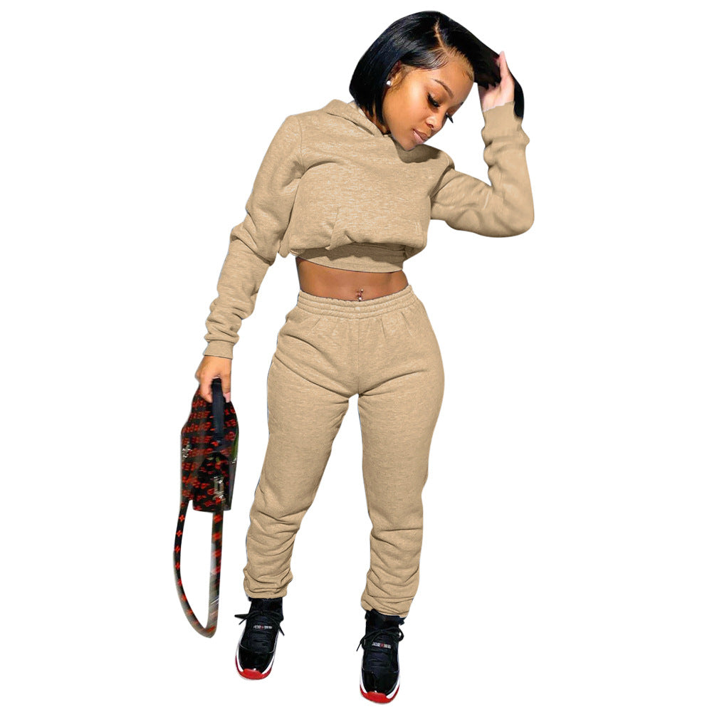 Women Fall/Winter Solid Hoodies and Pant Sport Two-Piece Set 14