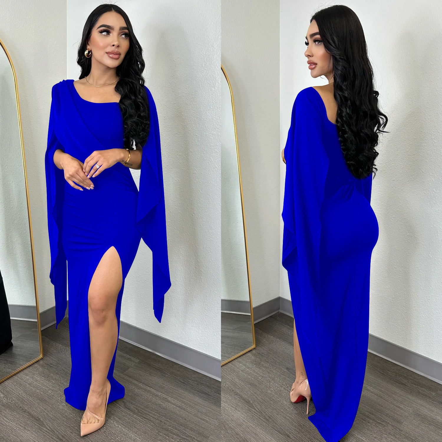 Fashion Women's Solid Color Long Sleeve Slit Pleated Maxi Dress 9