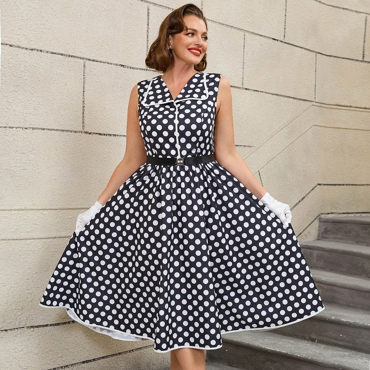 Plus Size Women Turndown Collar Black Polka Dot Belt Sleeveless Dress 8