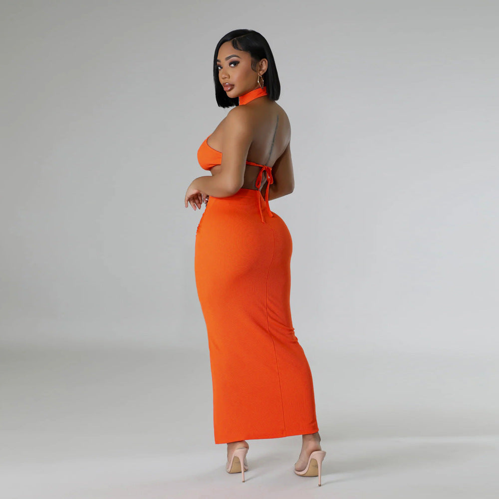 Fashion casual summer solid color sleeveless halter backless two piece skirt set 16