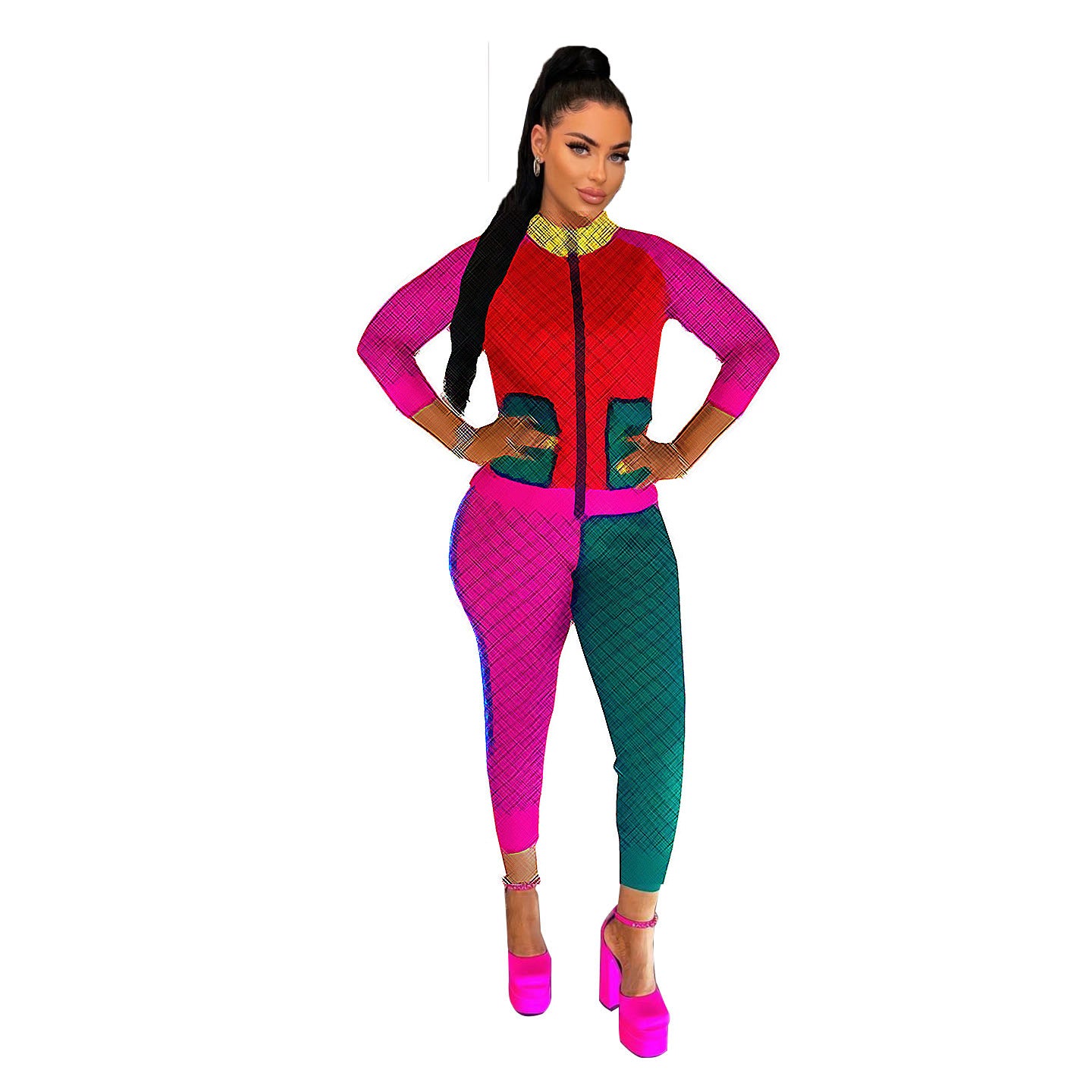 Women's Fashion Casual Style Contrast Color Block Zipper Two-Piece Pants Set 4