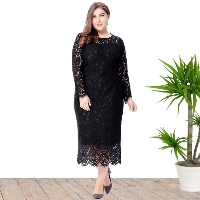 Plus Size Women Long Sleeve Lace Dress 14