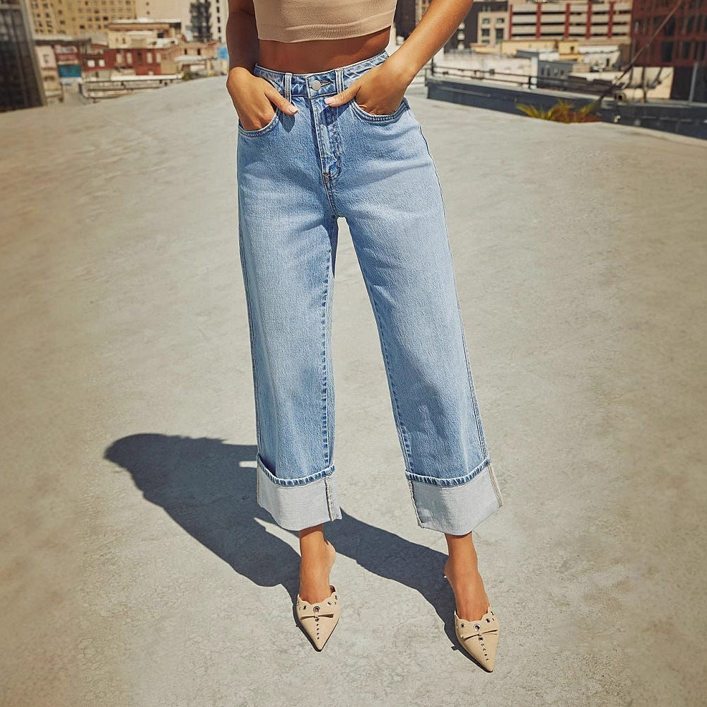 Spring High Waist  Elastic Straight Denim Pants For Women 6