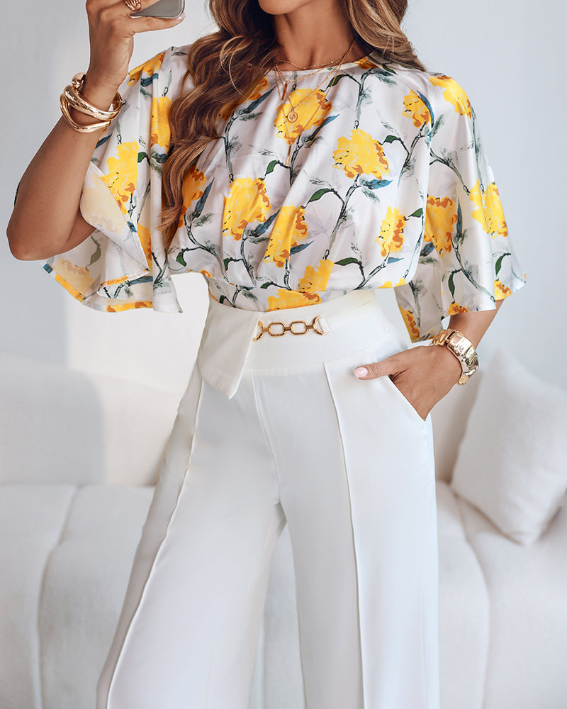 Women Yellow Floral Print Bell Bottom Sleeve Top and Pants Two-Piece Set 6