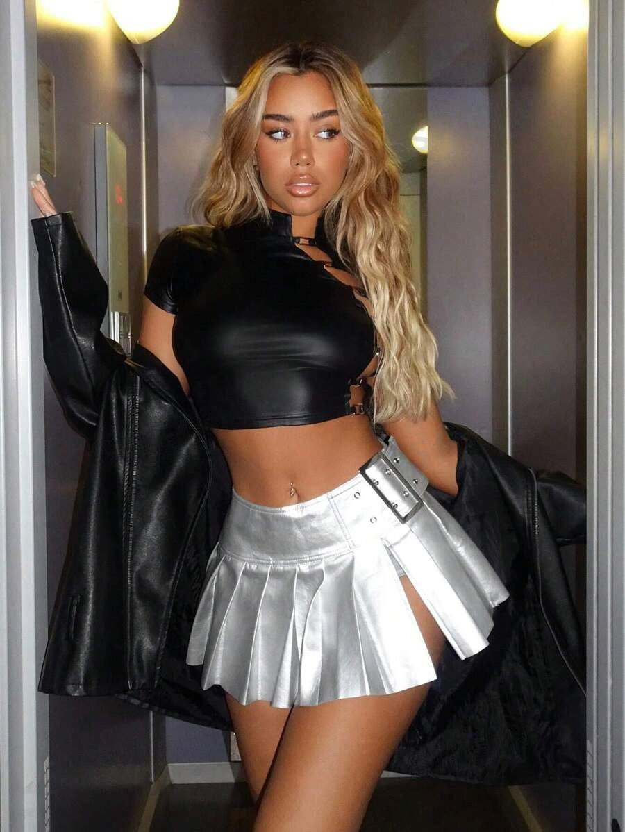 Women's Solid A-Line Pleated Sexy Fashion Mini Pu Leather Skirt 3