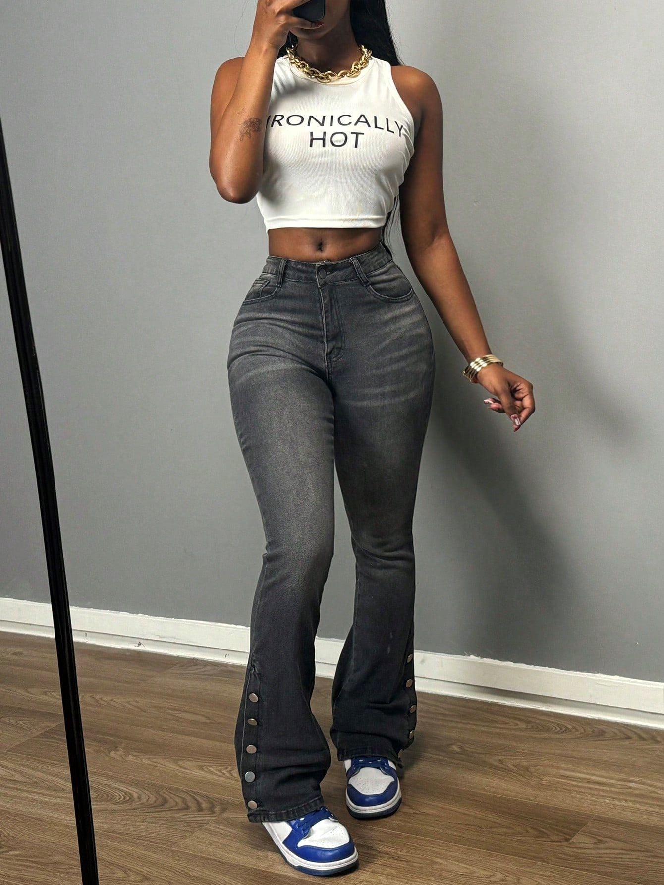 Women's Button Front Split Hem Denim Pants 6