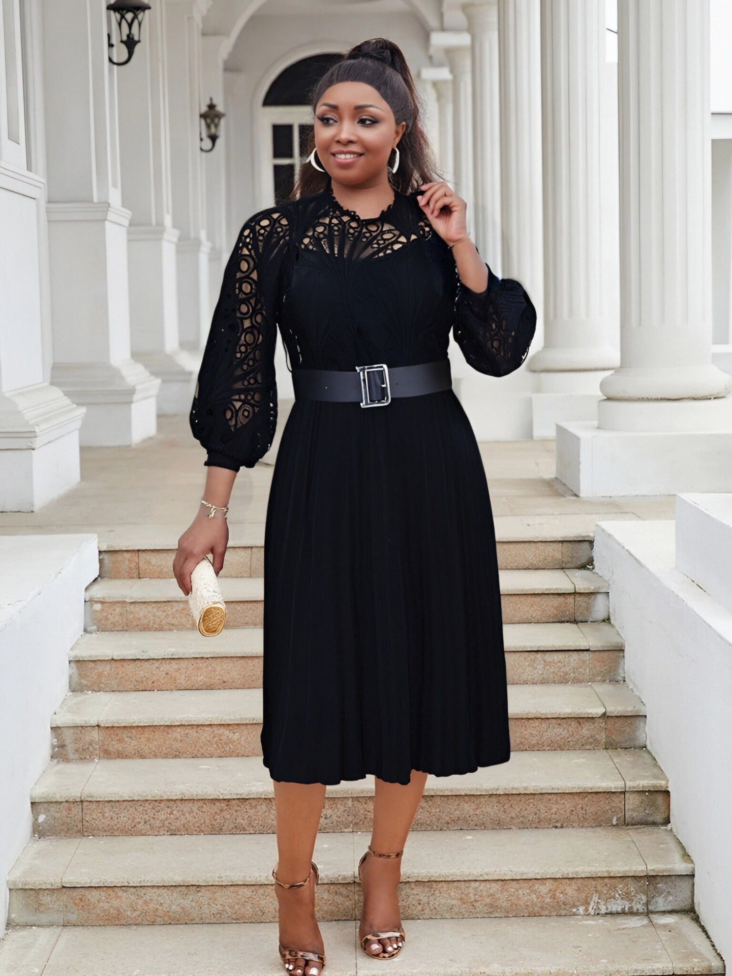 Plus Size Women lace hook flower sexy hollow pleated dress 9