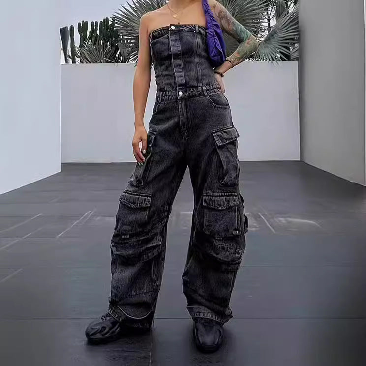 High street strapless pocket Cargo denim overalls jumpsuit 3