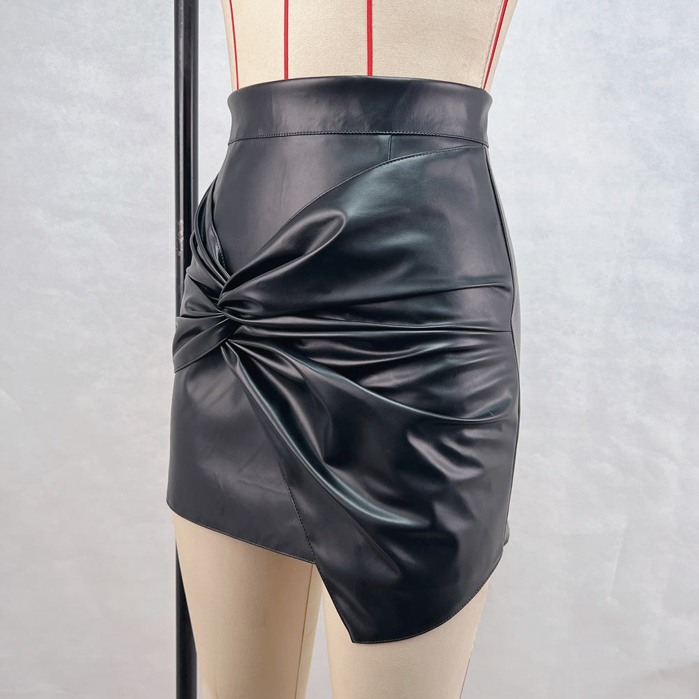 Women's Autumn Winter Street Fashion Pleats Bodycon Leather Mini Skirt 9