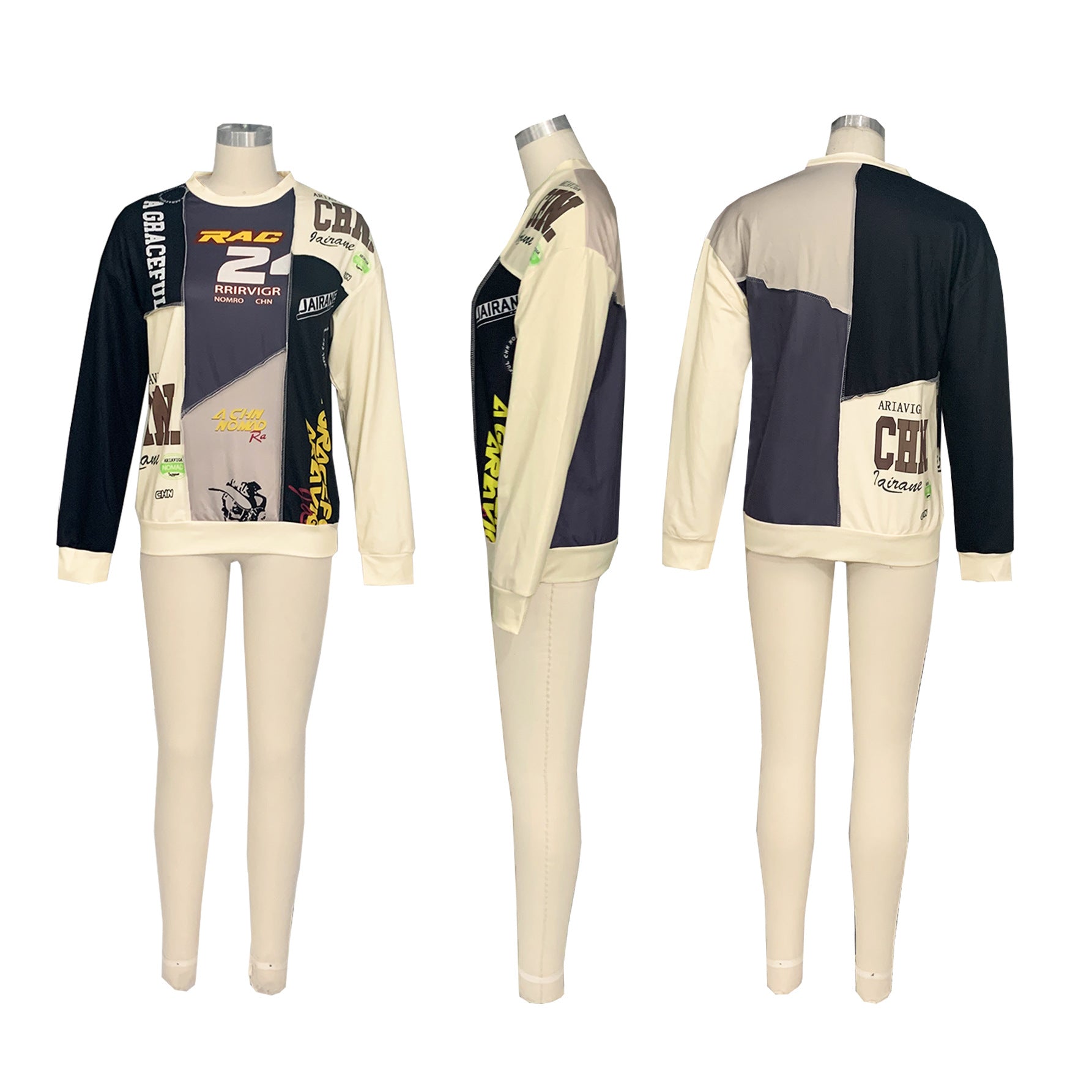 Autumn Trend Contrast Color Patchwork Letter Print Top Loose Round Neck Long Sleeve T-Shirt 12