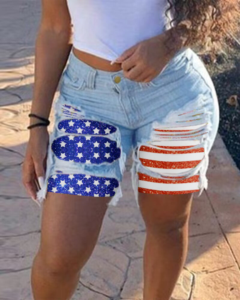 Spring Summer Patched Ripped Mid Women's Denim Shorts 12