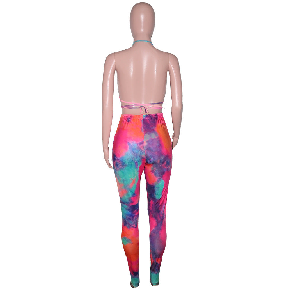 Women Summer Sexy Hollow Lace-Up Bikini Top and Printed Pant Two-piece Set 11