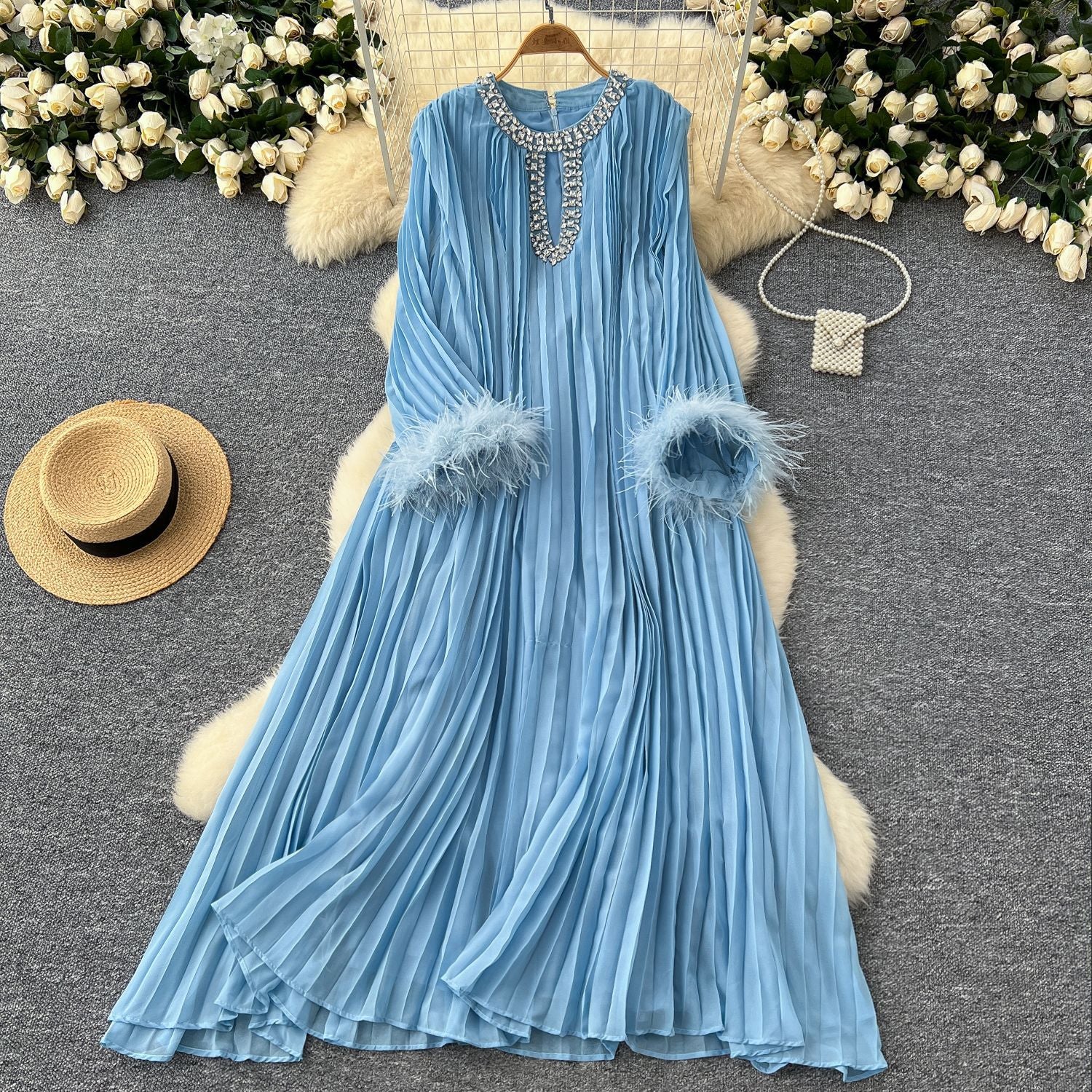 Women Round Neck Diamond Furry Patchwork Pleated Elegant Solid Dress 12