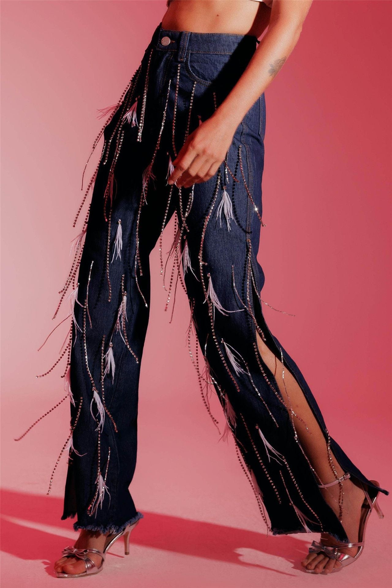 Women buttoned tassel straight side slit Denim trousers 4