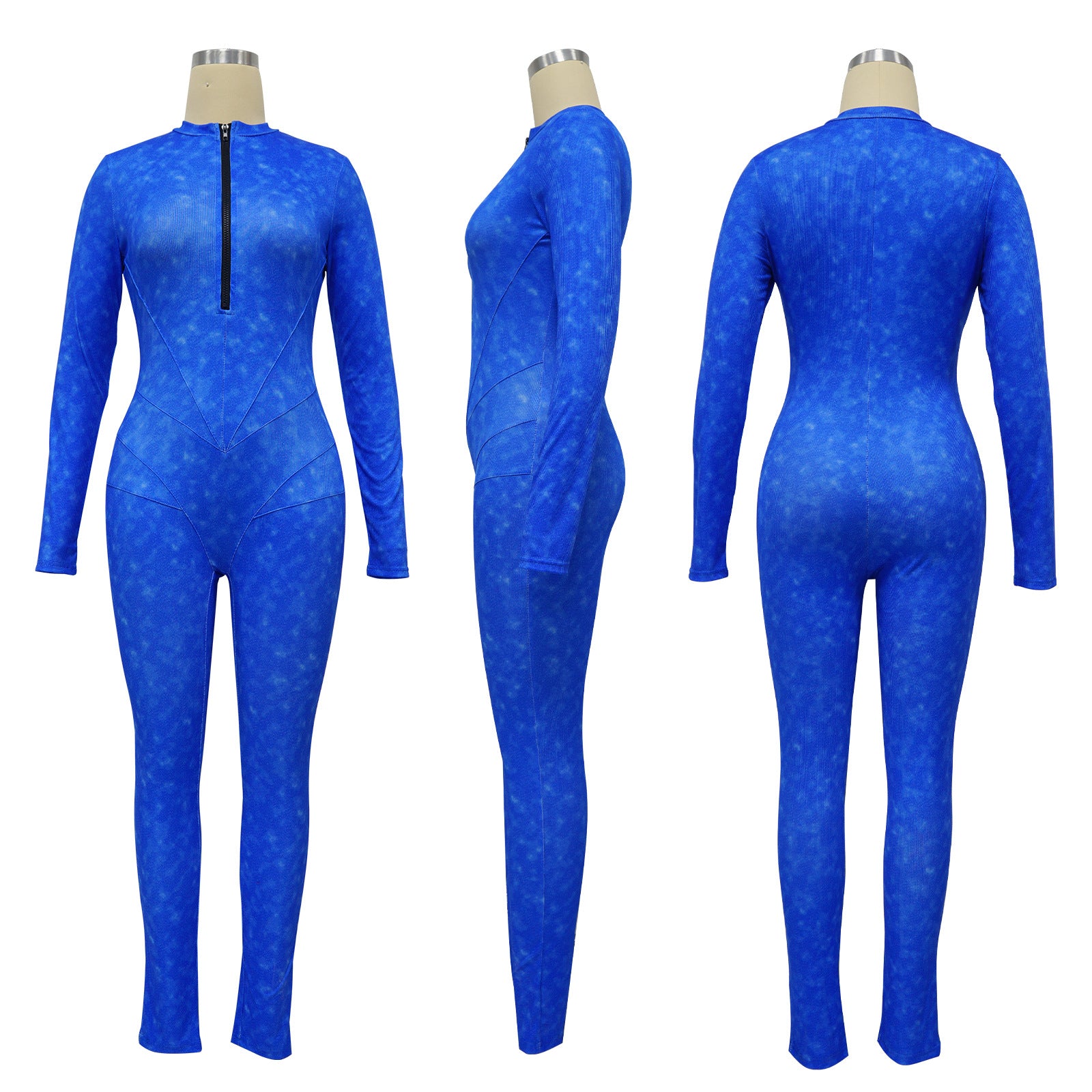 Women's Ribbed Printed Sexy V-Neck Tight Fitting Zipper Jumpsuit 30