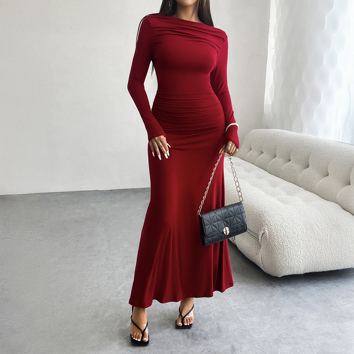 Autumn And Winter Women's Chic Solid Color Long Sleeve Slim Dress 9