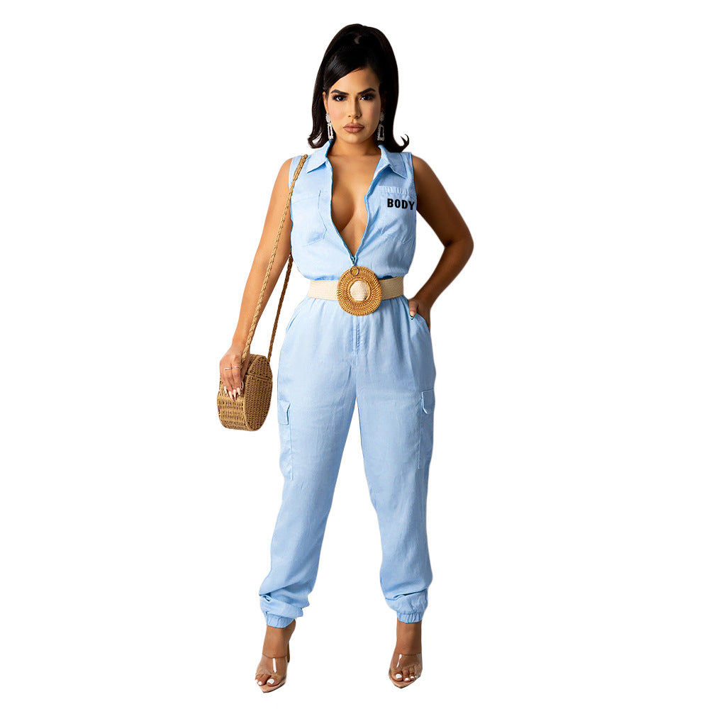Women's Sleeveless Cargo Bodysuit Simple Casual Slim Fit Jumpsuit 7
