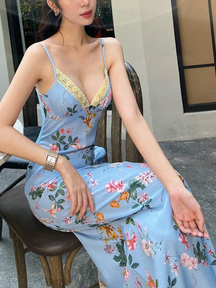 Floral Strap Sexy Low Back Slim Long Dress 7