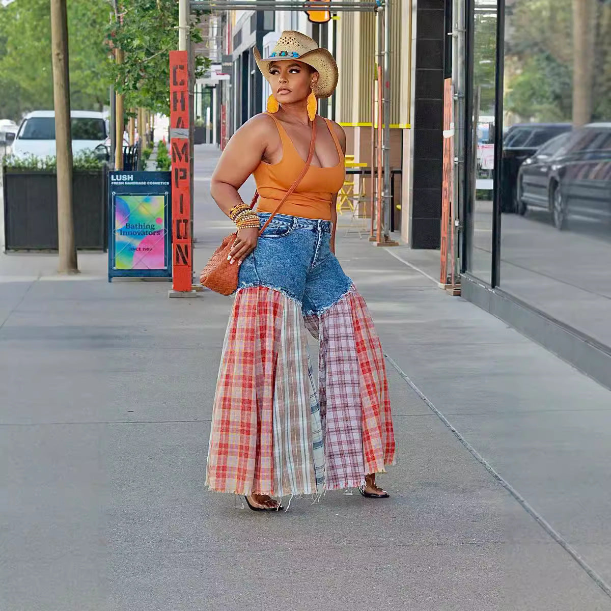 Women Casual Patchwork Denim Wide Leg Pants 4