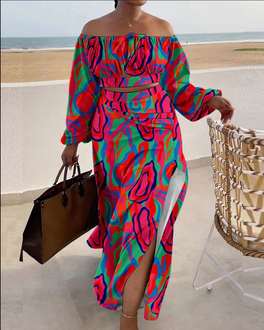 Fall Casual Print Off Shoulder Long Sleeve Slit Holidays Maxi Skirt Two-Piece Set 18