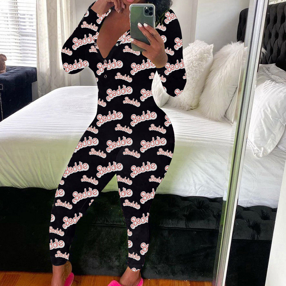 Women's Sexy Fashion Pattern Print Deep V-Neck Long Sleeve Tight Slim Jumpsuit 29