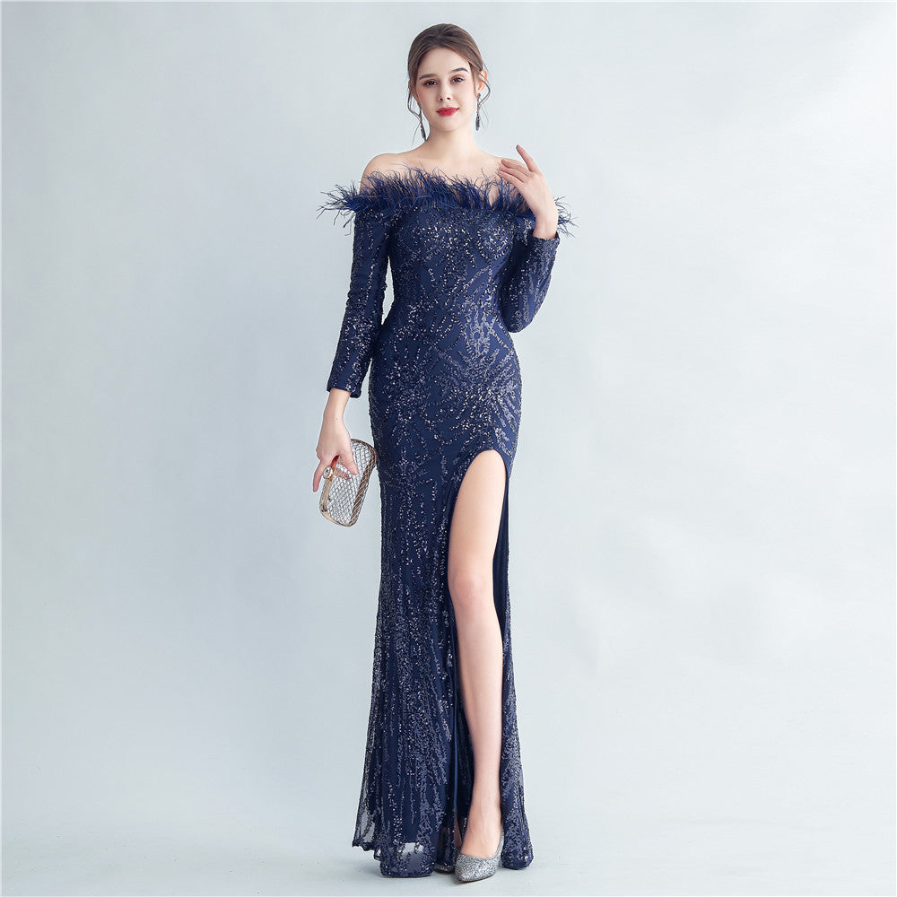 Feather Sequins Off Shoulder Long Sleeve Mermaid Evening Dress 10