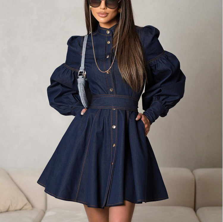 Women Denim lantern sleeve tie shirt dress