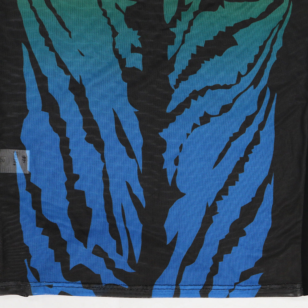 Women Fashion Round Neck See-Through Print Mesh Dress 11