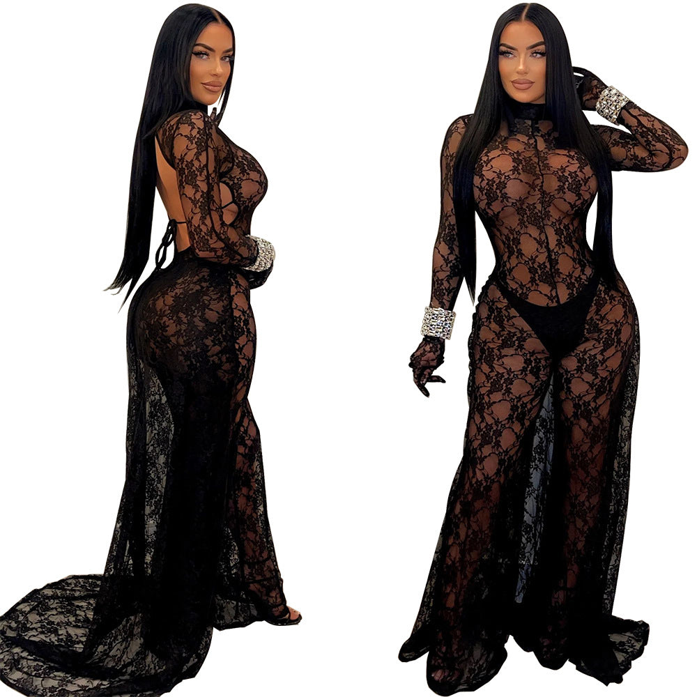 Sexy Women's Sexy See-Through Lace Low Back Lace-Up Jumpsuit 4