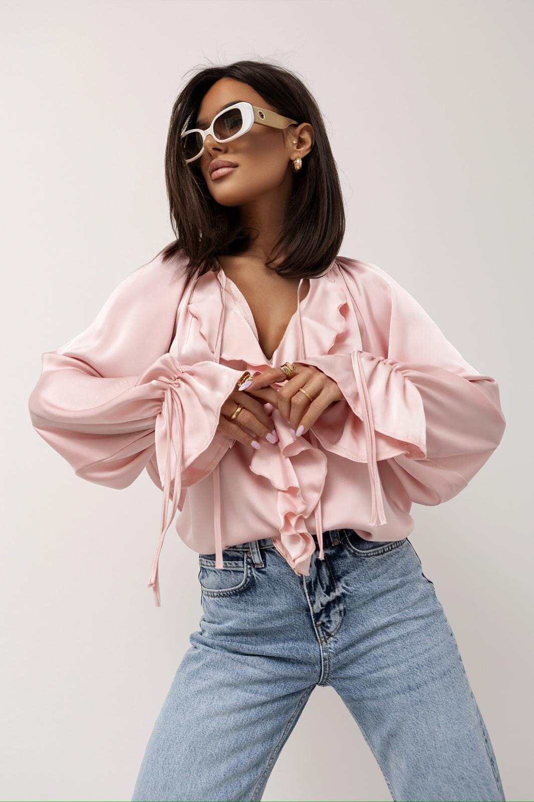 Women Spring ruffled Bell Bottom sleeve V neck lace shirt 14