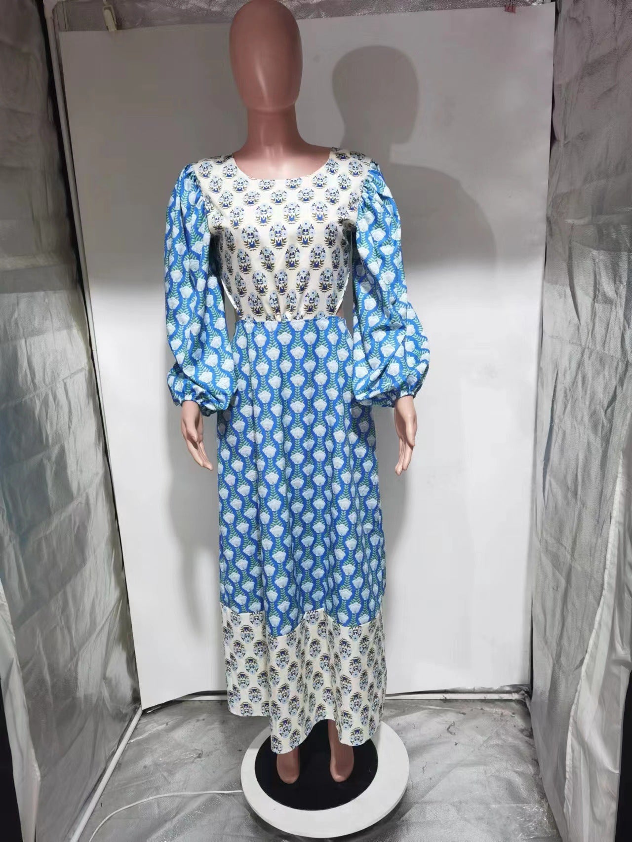 Women Floral Contrast Balloon Sleeve Backless Dress 16