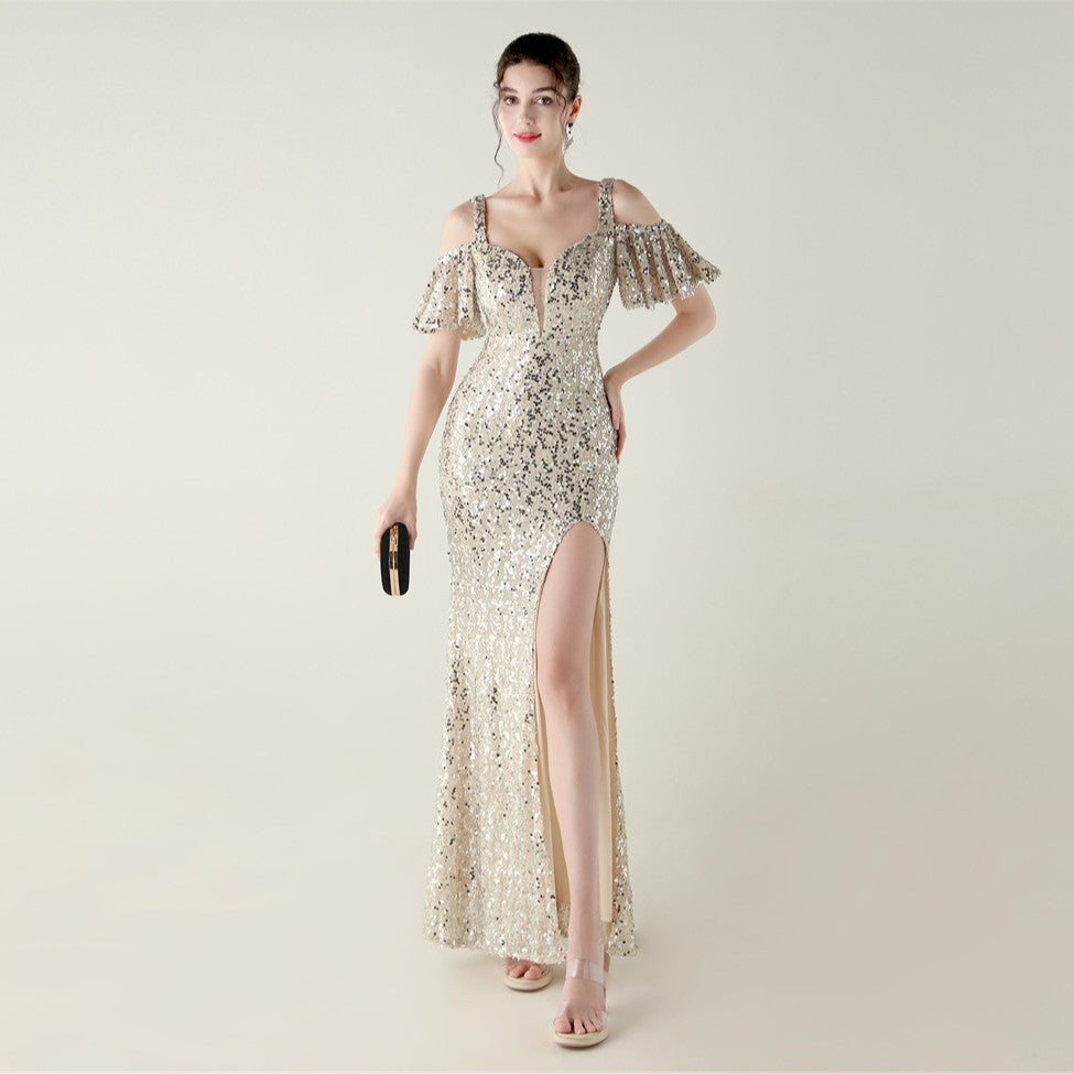 Women sequined sequined  short-sleeved off-shoulder V neck split fishtail Formal Party evening dress 15