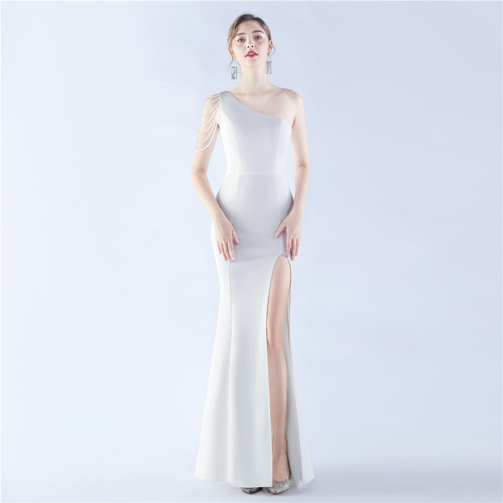 Women Beaded Party Slash Shoulder One Shoulder Slit Evening Dress 11
