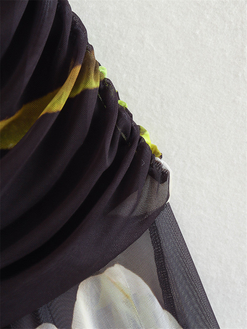 Autumn Fashion Chic Strapless Printed Tulle Midi Dress for Women 7