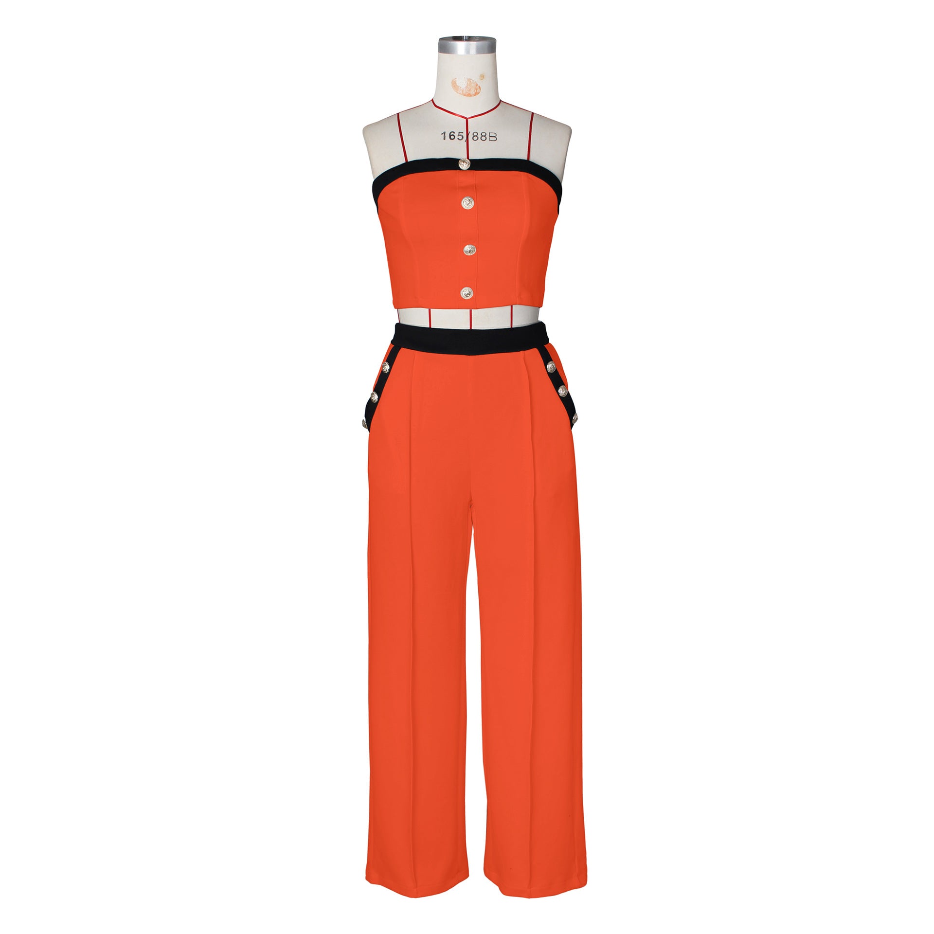 Sexy Color Blocked Decorative Button Straight High Waist Wide Leg Women's Pants Set 20