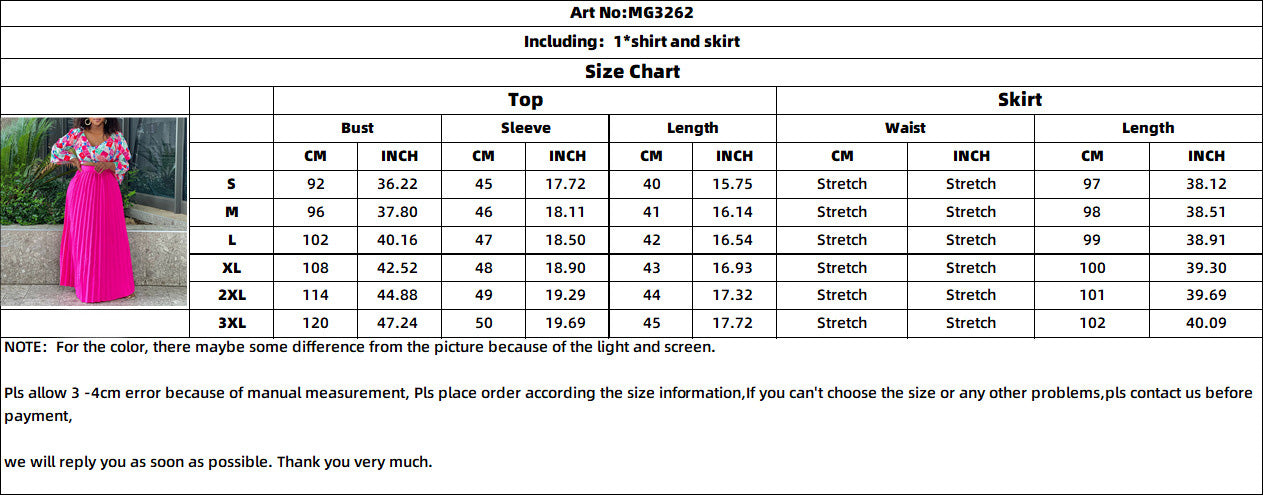 Women's Fashionable V Neck Printed Top Pleated Long Skirt African Two Piece Set 10