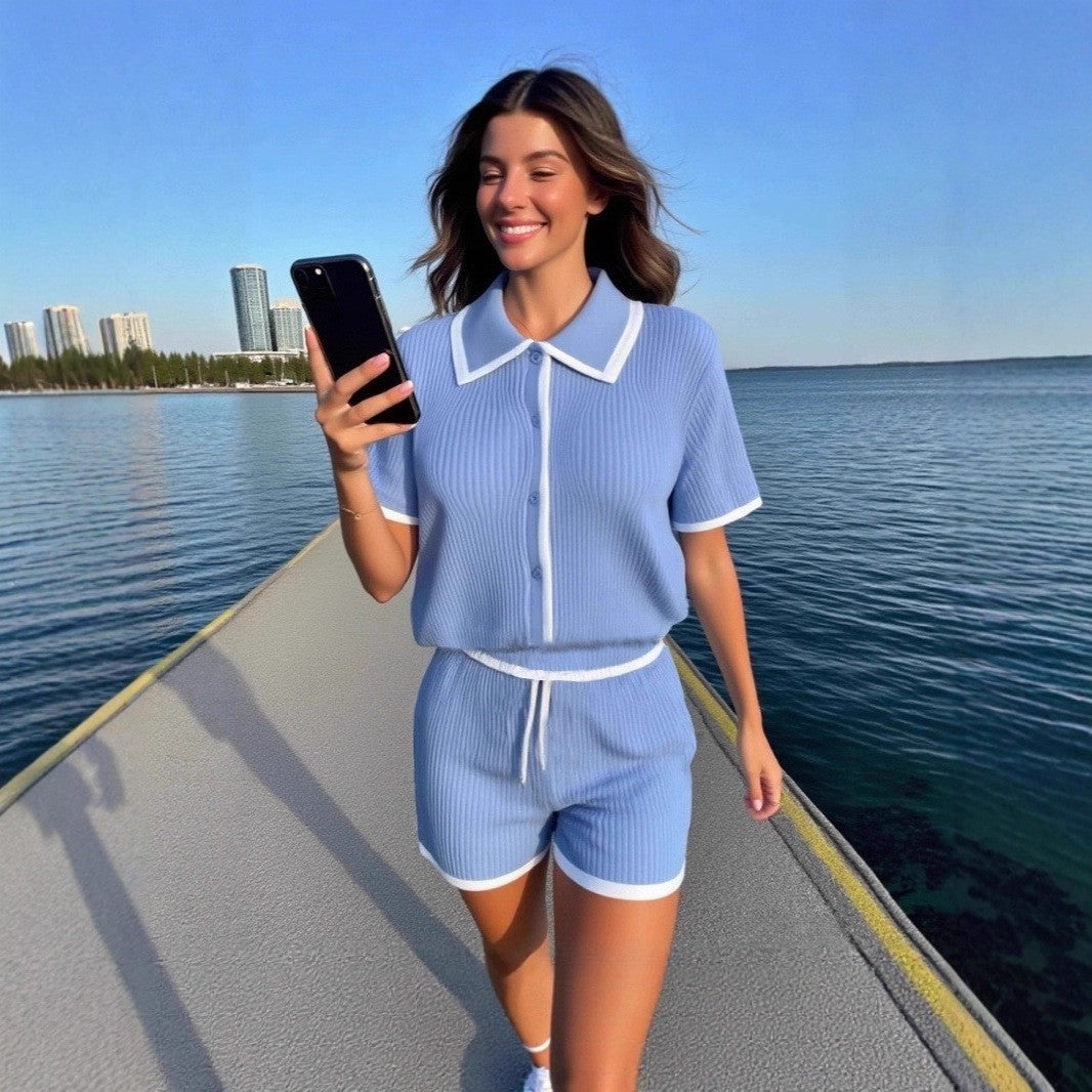 Turndown Collar Short-Sleeve Knit Top & High-Waist Shorts Set