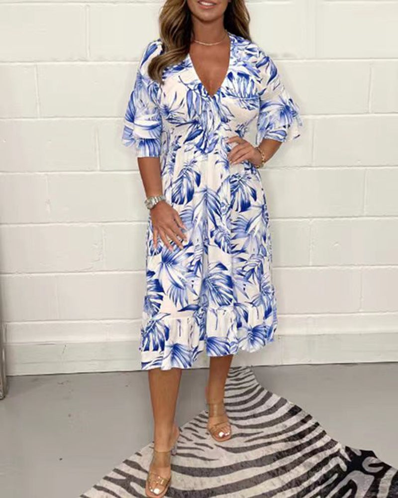 Summer Printed Casual V-Neck Long-Sleeved Dress