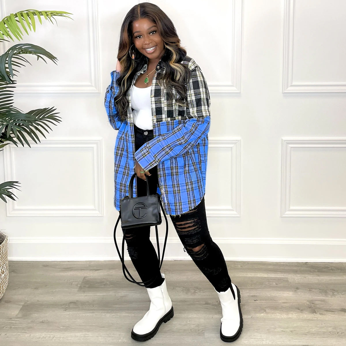 Women's Casual Color Block Patchwork Long Sleeve Shirt Dress 4