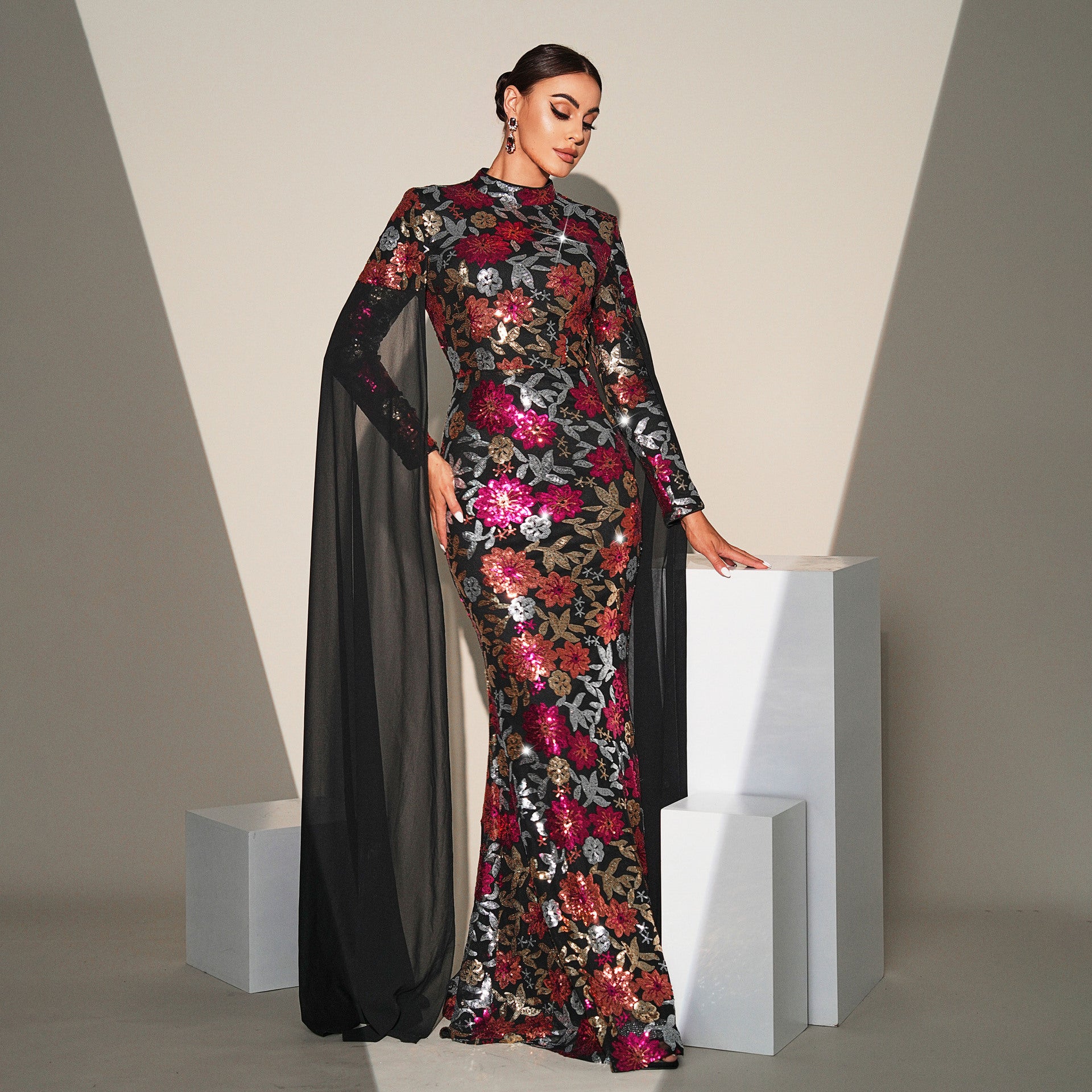 Women Sequined Long Sleeve Round Neck Formal Party Maxi Evening Dress