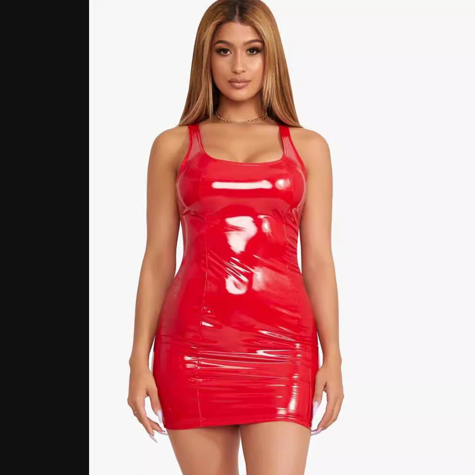 Solid Color Strap Pu Leather Slim Dress 11