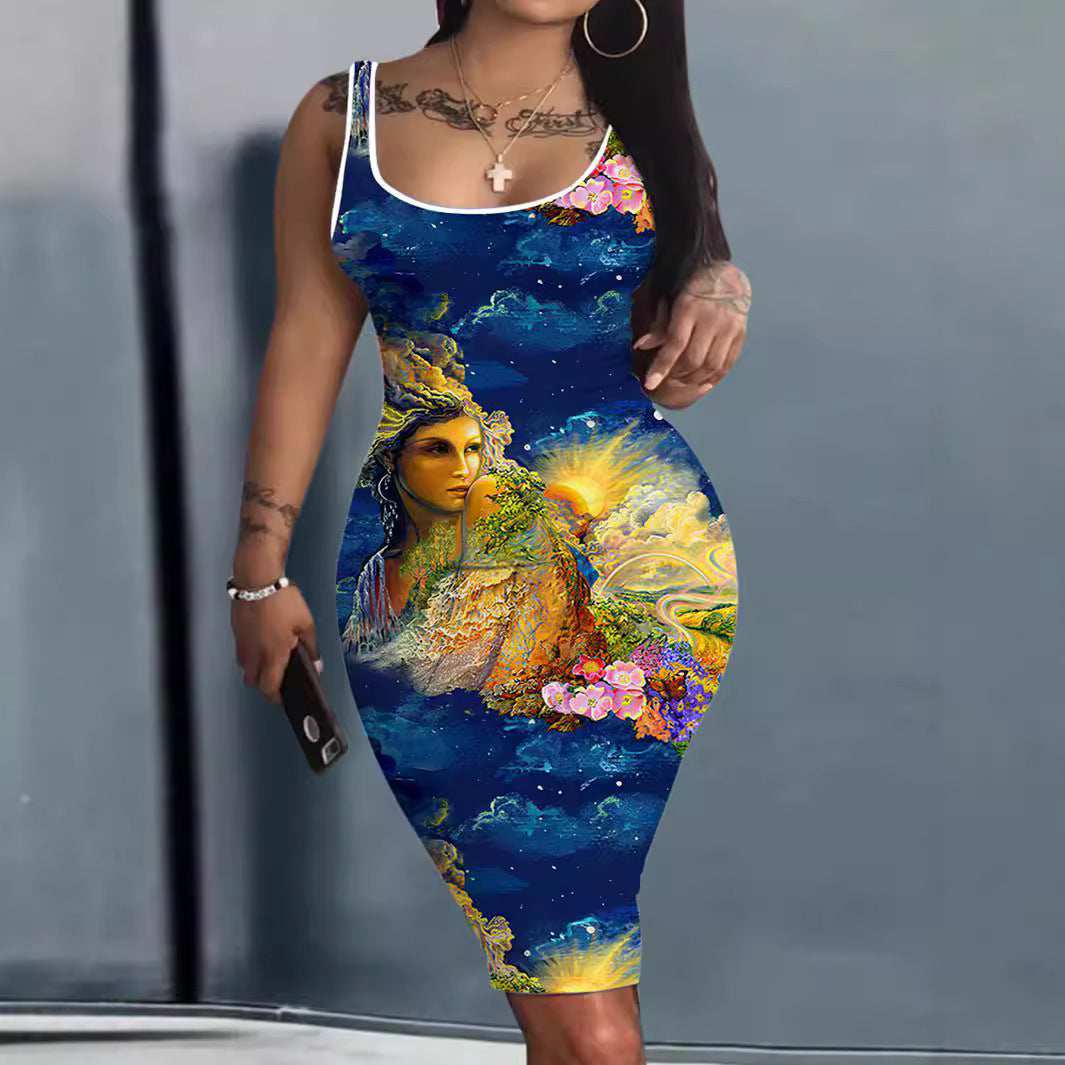 Women's Printed Slim Sleeveless Round Neck Dress